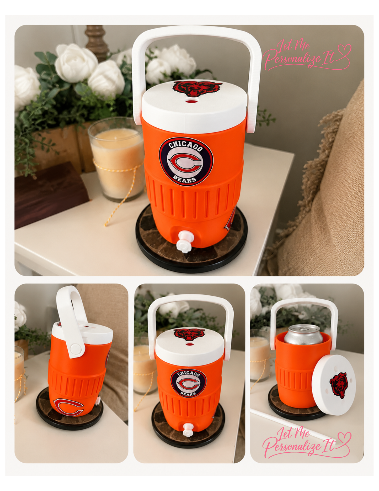 Chicago Bears Custom 3D Printed Can Cooler with Handle, Lid & Straw | Personalized 12 oz Beverage Holder