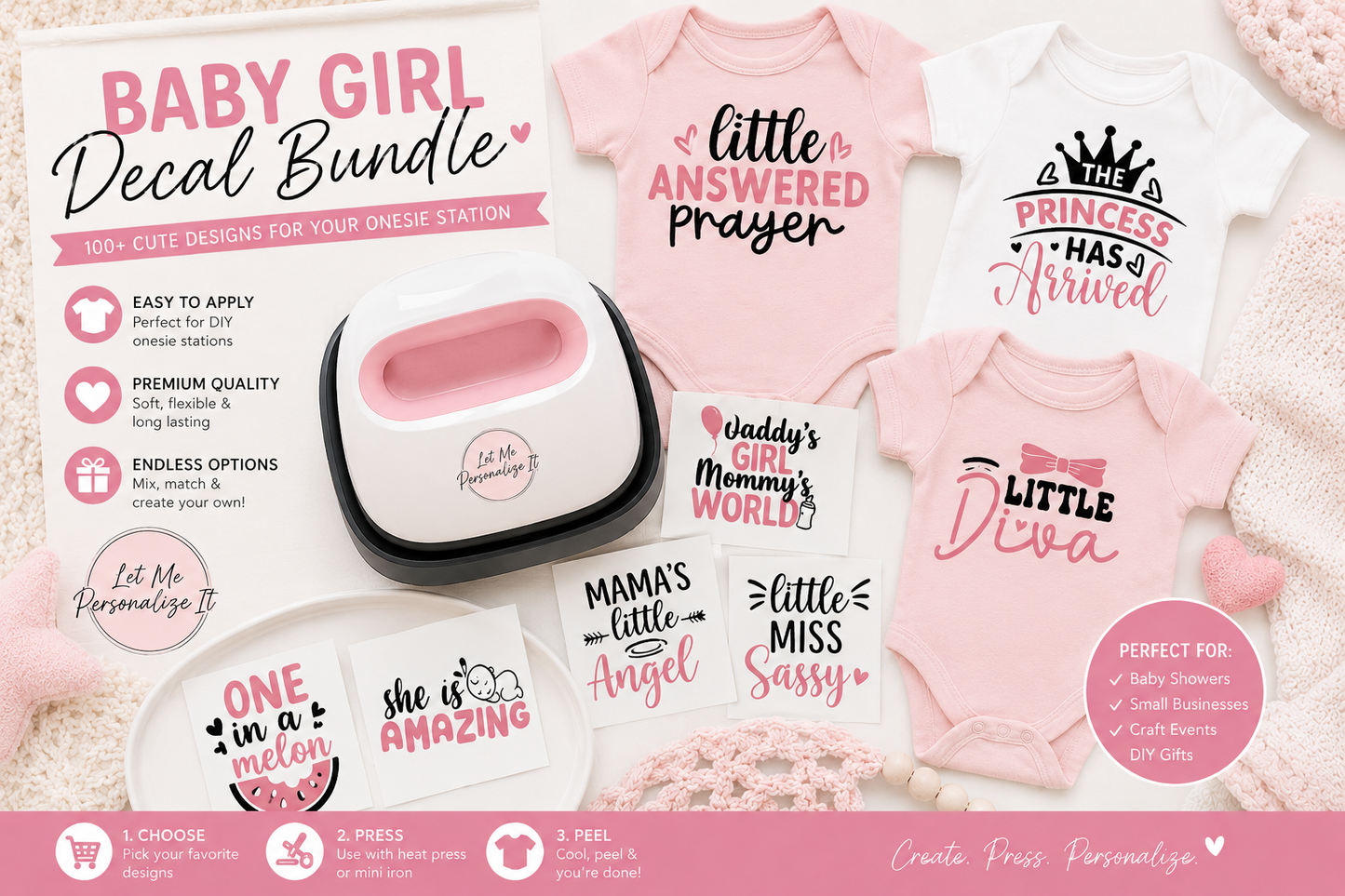 Baby Onesie Heat Transfer Decal Bundle | 20 Baby Girl Designs for DIY Onesie Stations