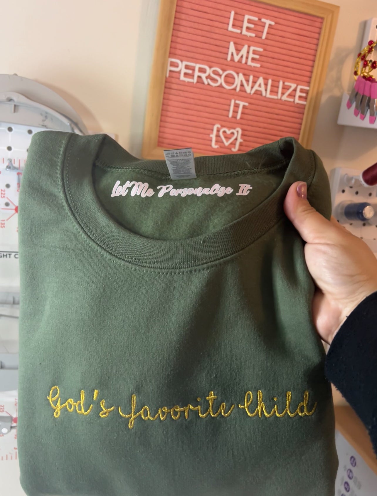 Gods Favorite Child cursive embroidery sweater