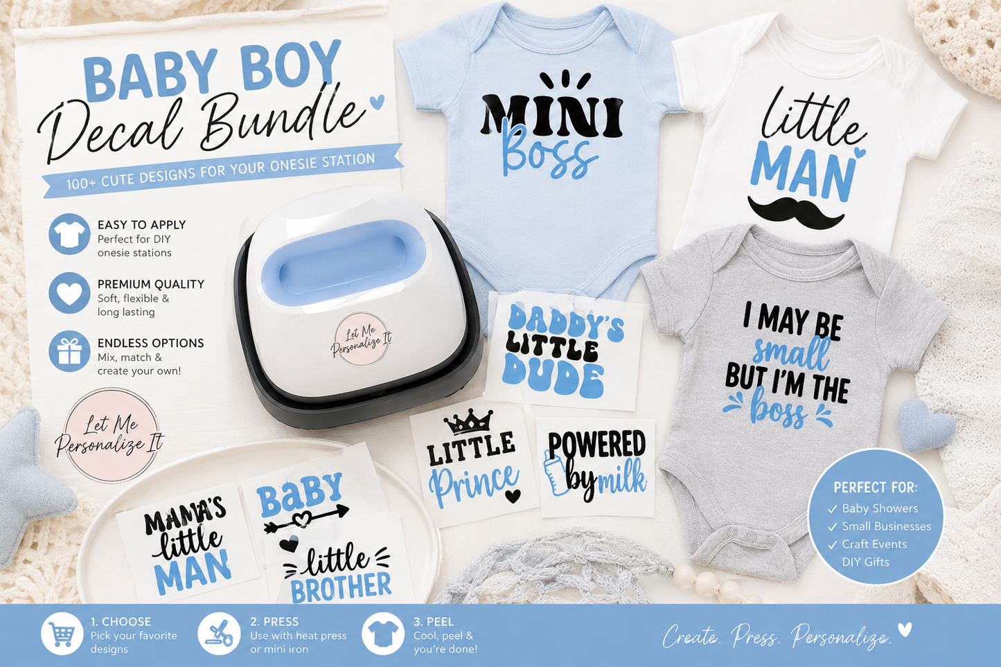 Baby Onesie Heat Transfer Decal Bundle | 20 Baby Boy Designs for DIY Onesie Stations (Copy)