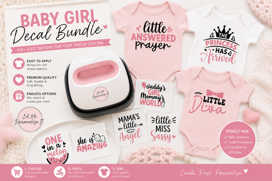 Baby Onesie Heat Transfer Decal Bundle | 20 Baby Girl Designs for DIY Onesie Stations